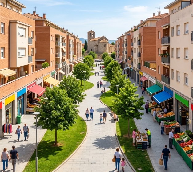 Vistas de las plazas, zonas arboladas, la iglesia de Sant Feliu y el entramado residencial característico de Canovelles